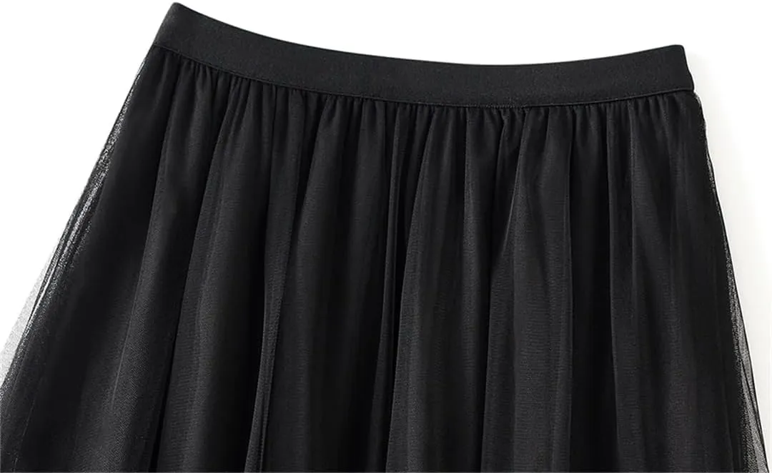 Women Long Elastic High Waist Skirt Ruffle Hem Skirt Fluffy A-Line Solid Color Midi Skirts
