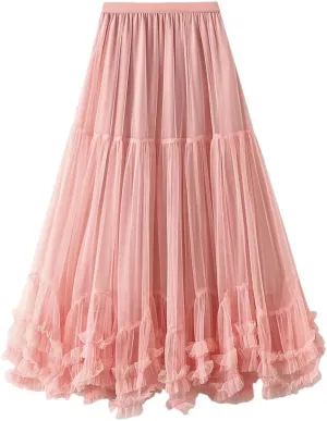 Women Long Elastic High Waist Skirt Ruffle Hem Skirt Fluffy A-Line Solid Color Midi Skirts