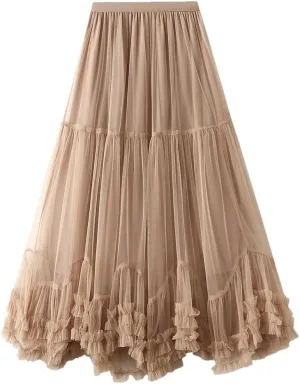 Women Long Elastic High Waist Skirt Ruffle Hem Skirt Fluffy A-Line Solid Color Midi Skirts