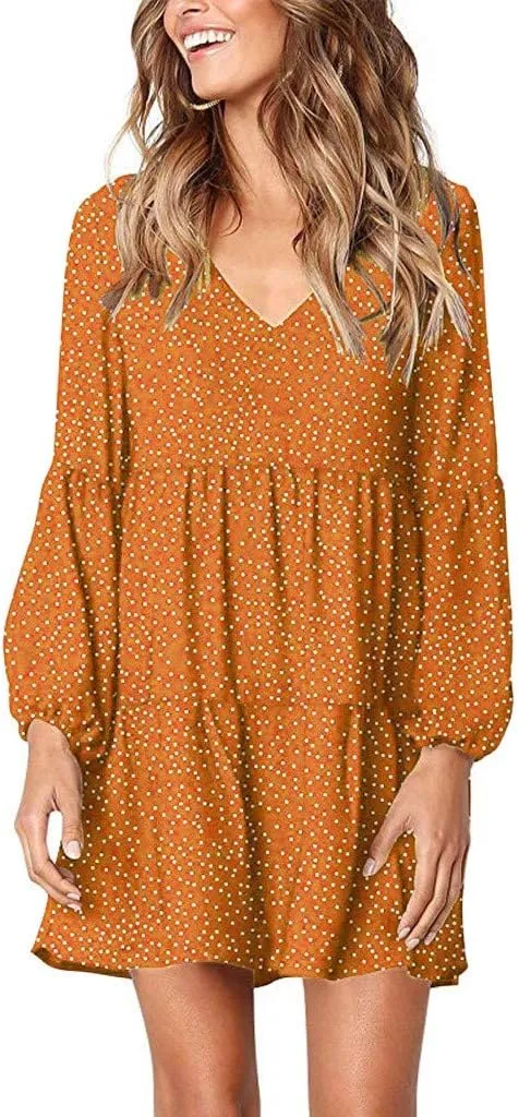 Women Loose Dress Ruffle Sleeve Dot V-Neckline Dress Casual Mini Short Swing Women's Dress Fancy Plus Size