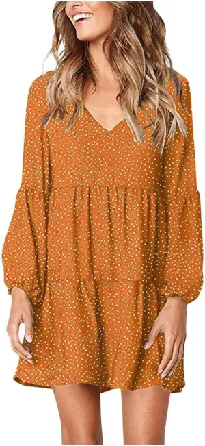 Women Loose Dress Ruffle Sleeve Dot V-Neckline Dress Casual Mini Short Swing Women's Dress Fancy Plus Size