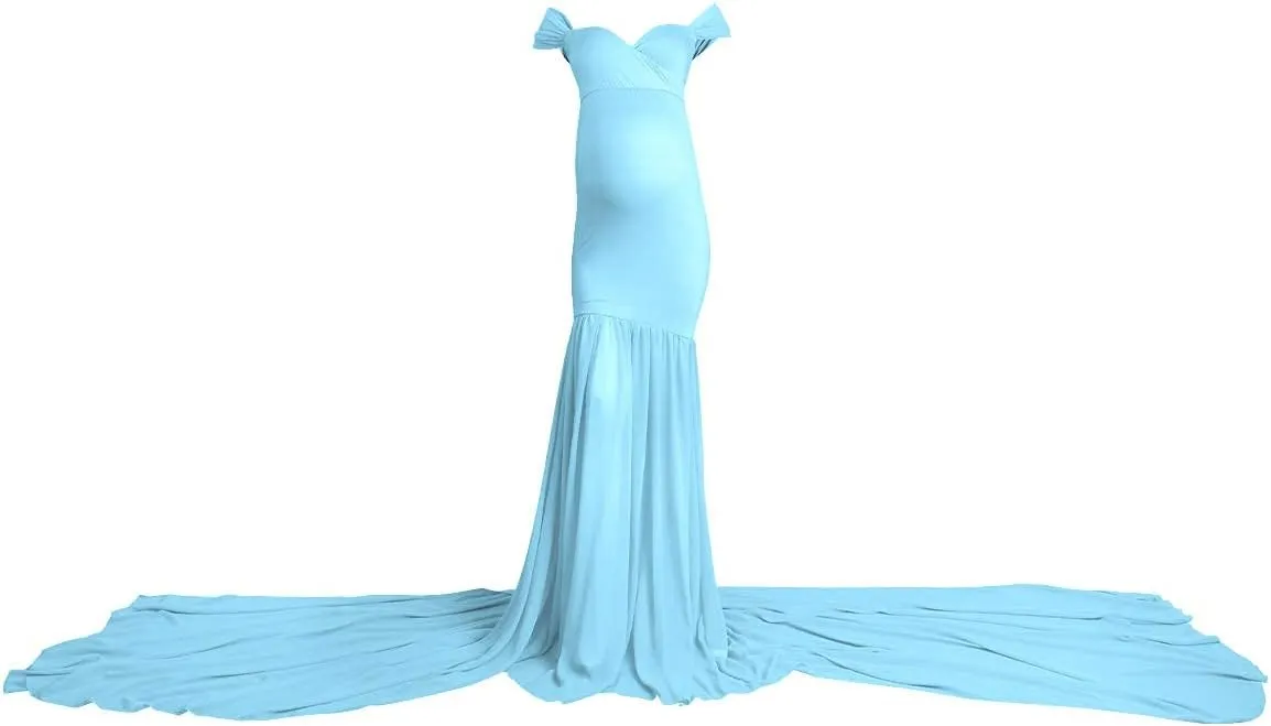 Women Maternity Dress for Photography Mermaid Off Shoulder Slim Fitted Chiffon Gown Flowy Baby Shower Maxi Photo Props Dress