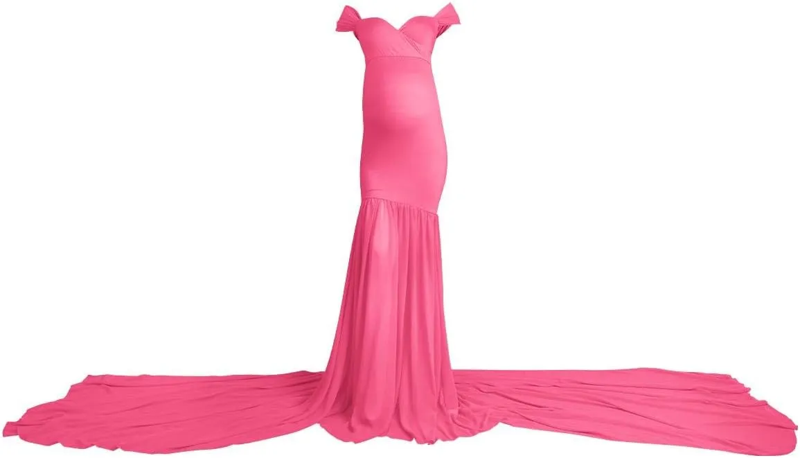 Women Maternity Dress for Photography Mermaid Off Shoulder Slim Fitted Chiffon Gown Flowy Baby Shower Maxi Photo Props Dress