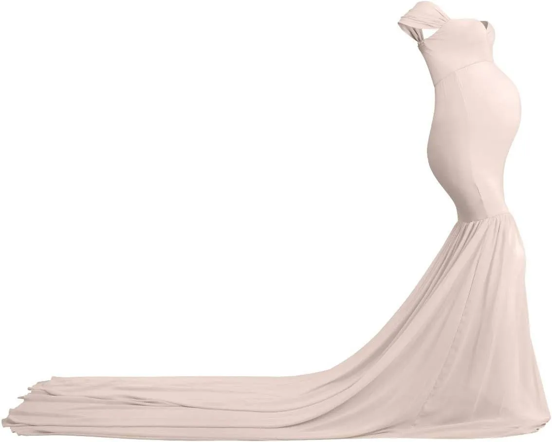 Women Maternity Dress for Photography Mermaid Off Shoulder Slim Fitted Chiffon Gown Flowy Baby Shower Maxi Photo Props Dress