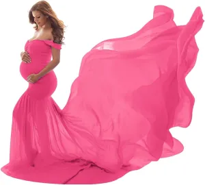 Women Maternity Dress for Photography Mermaid Off Shoulder Slim Fitted Chiffon Gown Flowy Baby Shower Maxi Photo Props Dress