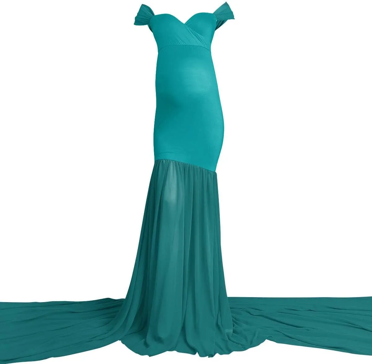 Women Maternity Dress for Photography Mermaid Off Shoulder Slim Fitted Chiffon Gown Flowy Baby Shower Maxi Photo Props Dress