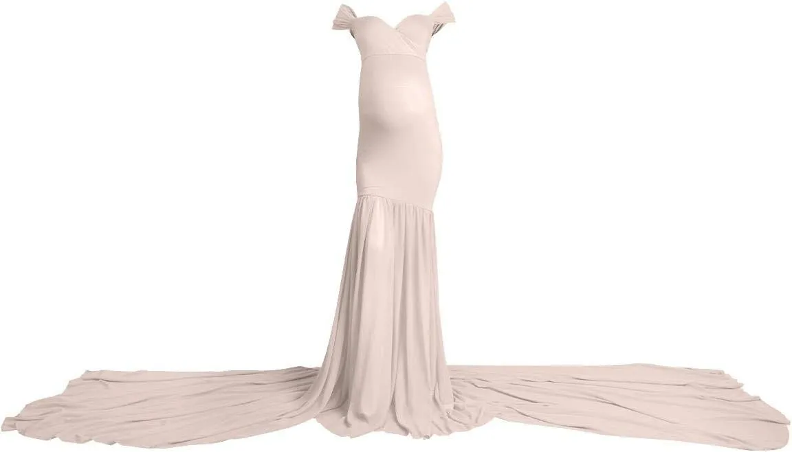 Women Maternity Dress for Photography Mermaid Off Shoulder Slim Fitted Chiffon Gown Flowy Baby Shower Maxi Photo Props Dress