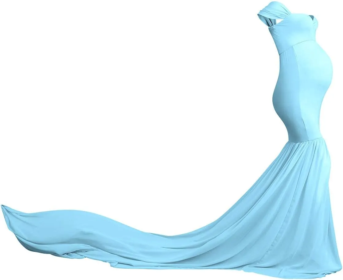 Women Maternity Dress for Photography Mermaid Off Shoulder Slim Fitted Chiffon Gown Flowy Baby Shower Maxi Photo Props Dress