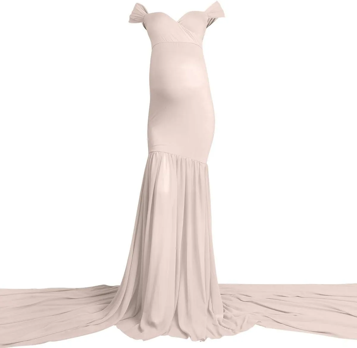Women Maternity Dress for Photography Mermaid Off Shoulder Slim Fitted Chiffon Gown Flowy Baby Shower Maxi Photo Props Dress