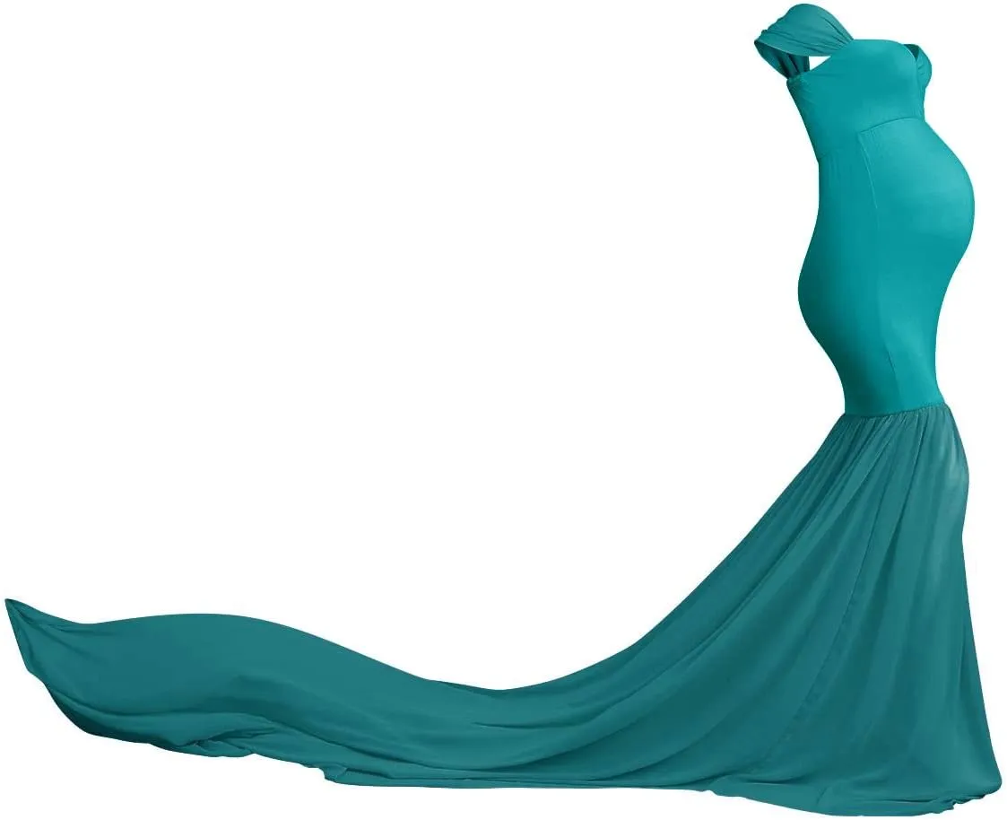 Women Maternity Dress for Photography Mermaid Off Shoulder Slim Fitted Chiffon Gown Flowy Baby Shower Maxi Photo Props Dress
