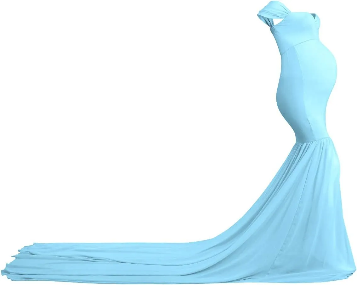 Women Maternity Dress for Photography Mermaid Off Shoulder Slim Fitted Chiffon Gown Flowy Baby Shower Maxi Photo Props Dress