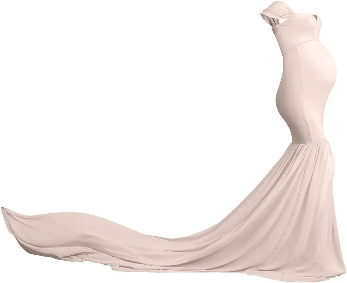 Women Maternity Dress for Photography Mermaid Off Shoulder Slim Fitted Chiffon Gown Flowy Baby Shower Maxi Photo Props Dress