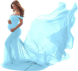 Women Maternity Dress for Photography Mermaid Off Shoulder Slim Fitted Chiffon Gown Flowy Baby Shower Maxi Photo Props Dress
