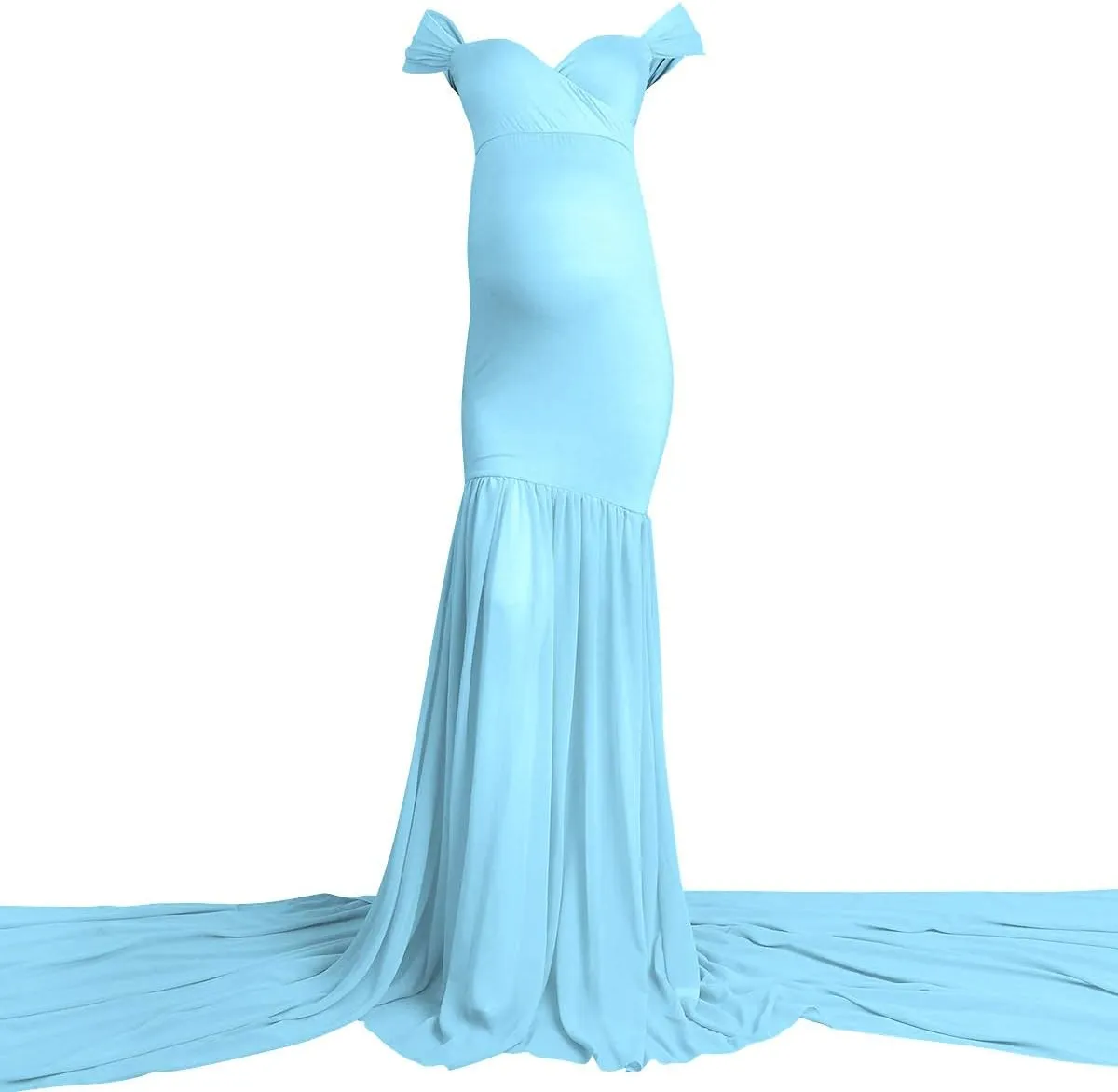 Women Maternity Dress for Photography Mermaid Off Shoulder Slim Fitted Chiffon Gown Flowy Baby Shower Maxi Photo Props Dress