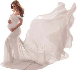 Women Maternity Dress for Photography Mermaid Off Shoulder Slim Fitted Chiffon Gown Flowy Baby Shower Maxi Photo Props Dress