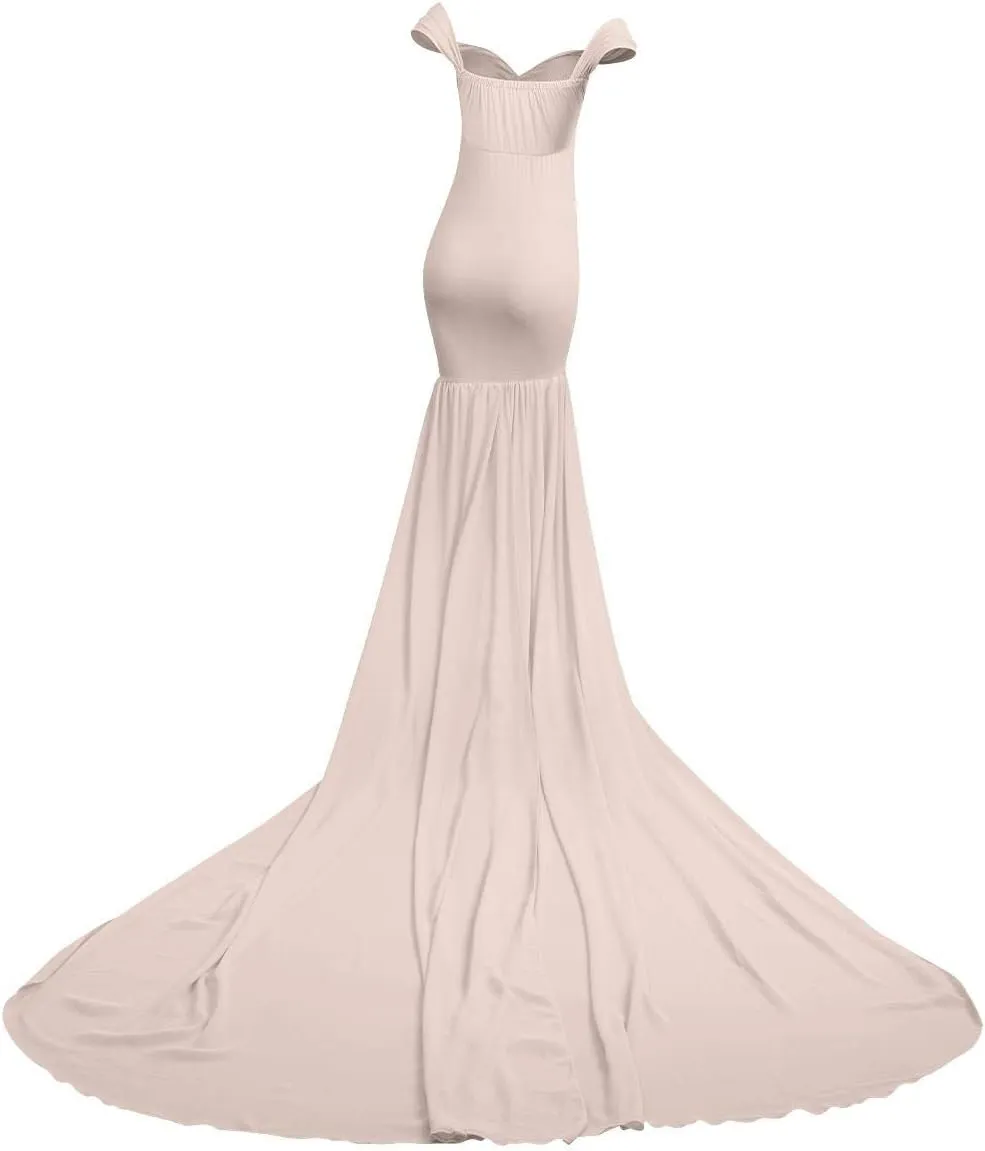Women Maternity Dress for Photography Mermaid Off Shoulder Slim Fitted Chiffon Gown Flowy Baby Shower Maxi Photo Props Dress