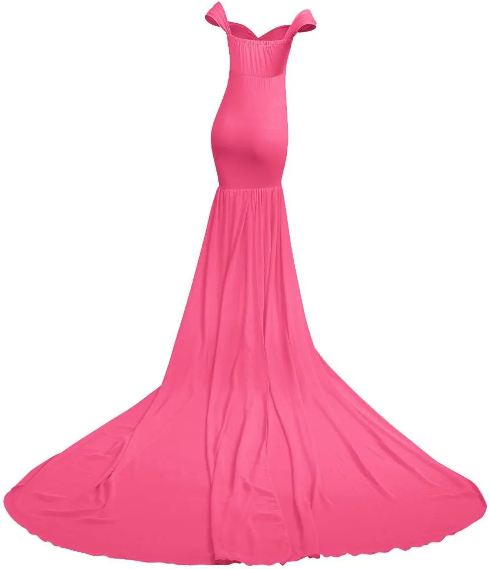 Women Maternity Dress for Photography Mermaid Off Shoulder Slim Fitted Chiffon Gown Flowy Baby Shower Maxi Photo Props Dress