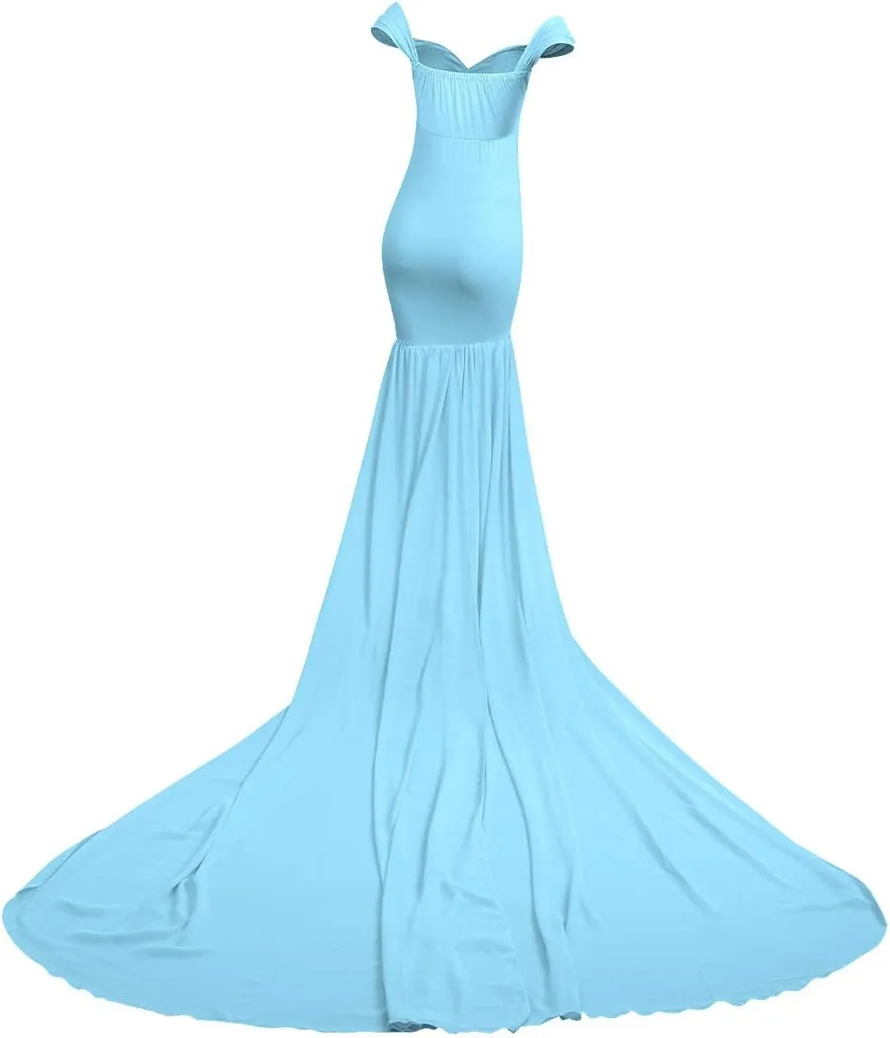 Women Maternity Dress for Photography Mermaid Off Shoulder Slim Fitted Chiffon Gown Flowy Baby Shower Maxi Photo Props Dress