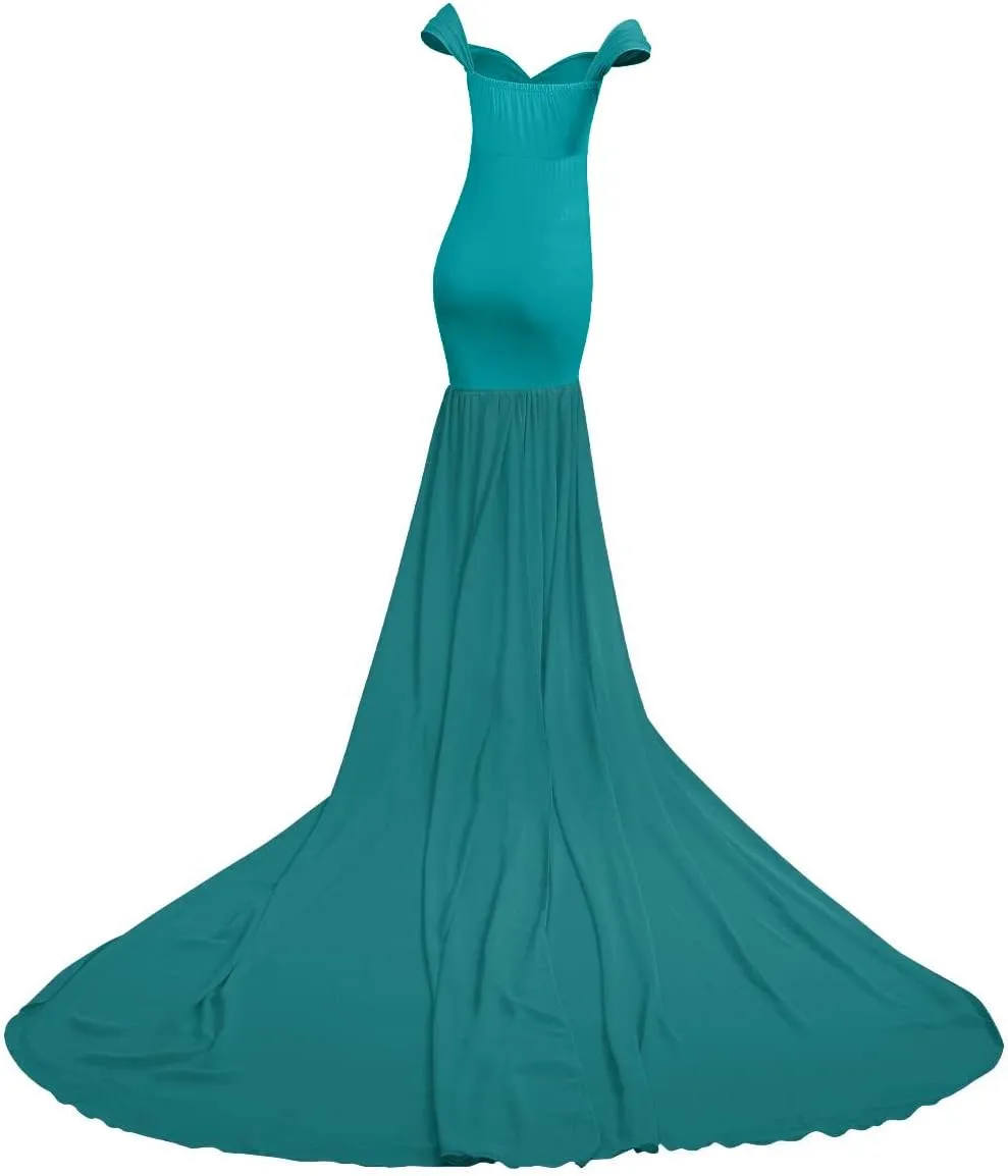 Women Maternity Dress for Photography Mermaid Off Shoulder Slim Fitted Chiffon Gown Flowy Baby Shower Maxi Photo Props Dress