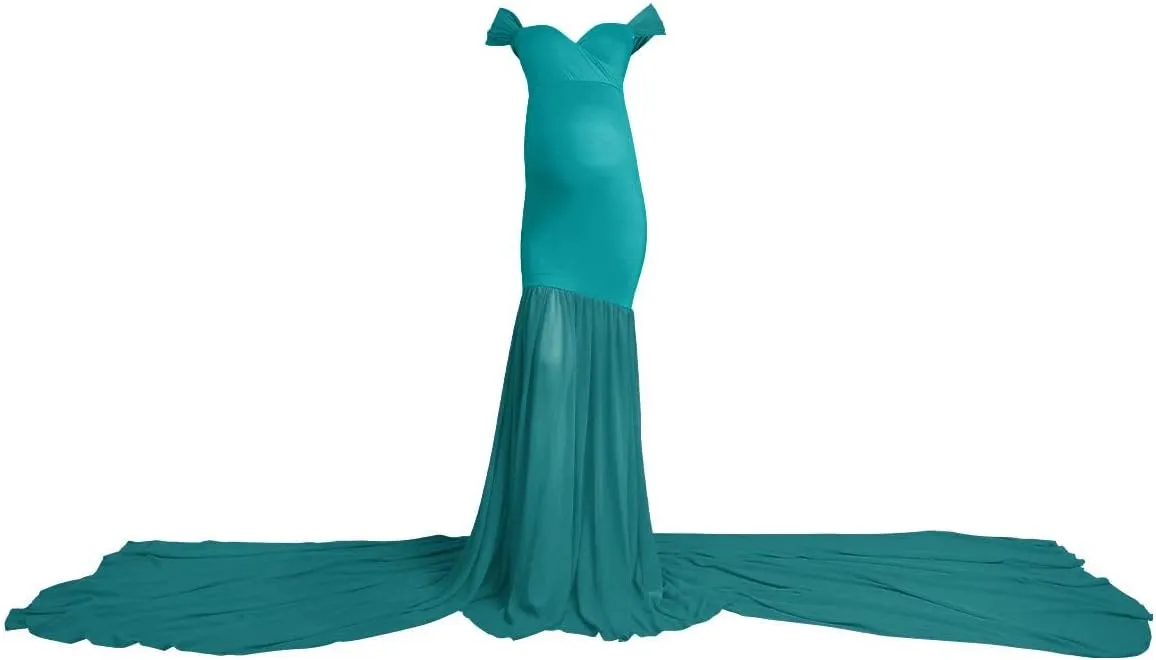 Women Maternity Dress for Photography Mermaid Off Shoulder Slim Fitted Chiffon Gown Flowy Baby Shower Maxi Photo Props Dress
