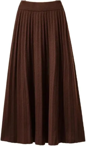 Women Midi Pleated Skirt Knitted Knee Length A-Line Skirt High Waist Solid Color Skirt