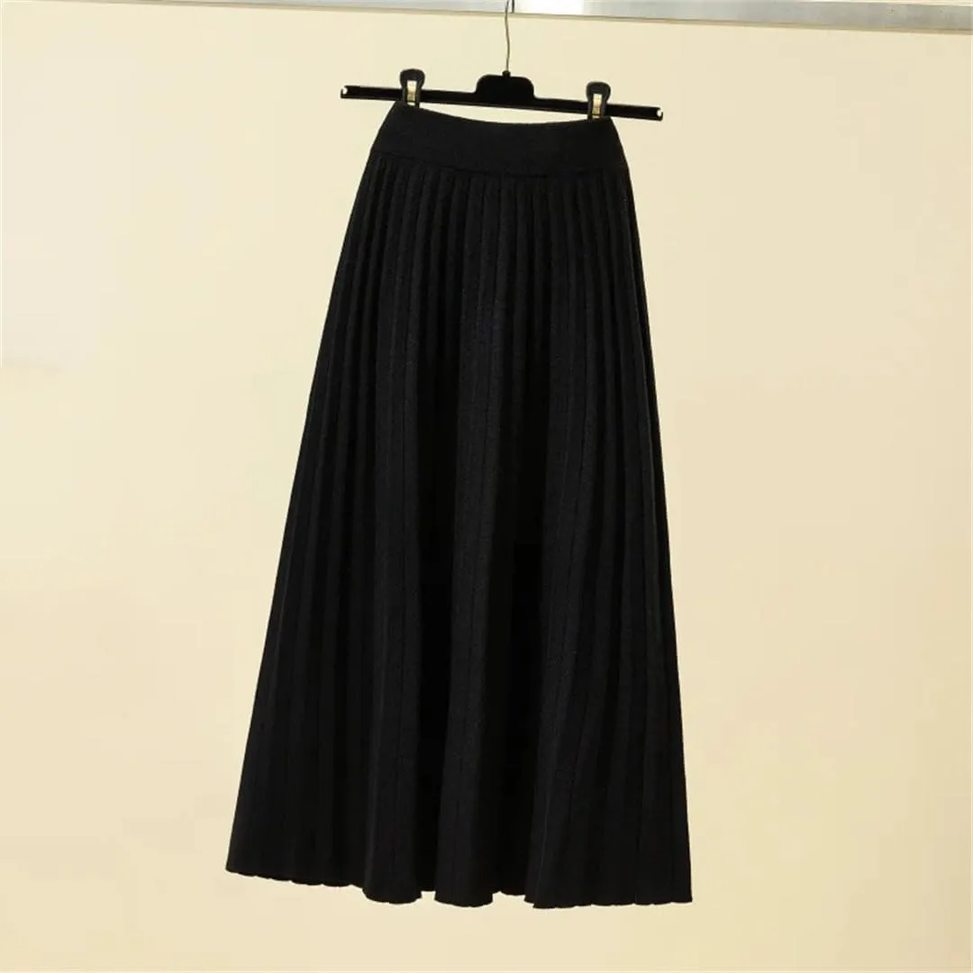 Women Midi Pleated Skirt Knitted Knee Length A-Line Skirt High Waist Solid Color Skirt