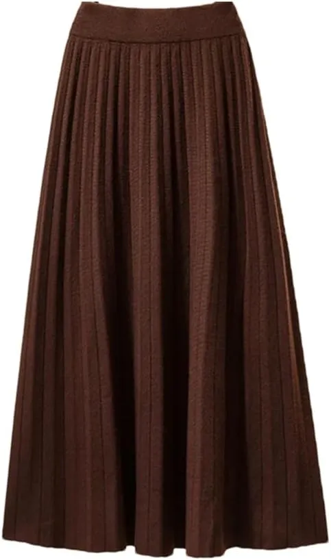 Women Midi Pleated Skirt Knitted Knee Length A-Line Skirt High Waist Solid Color Skirt