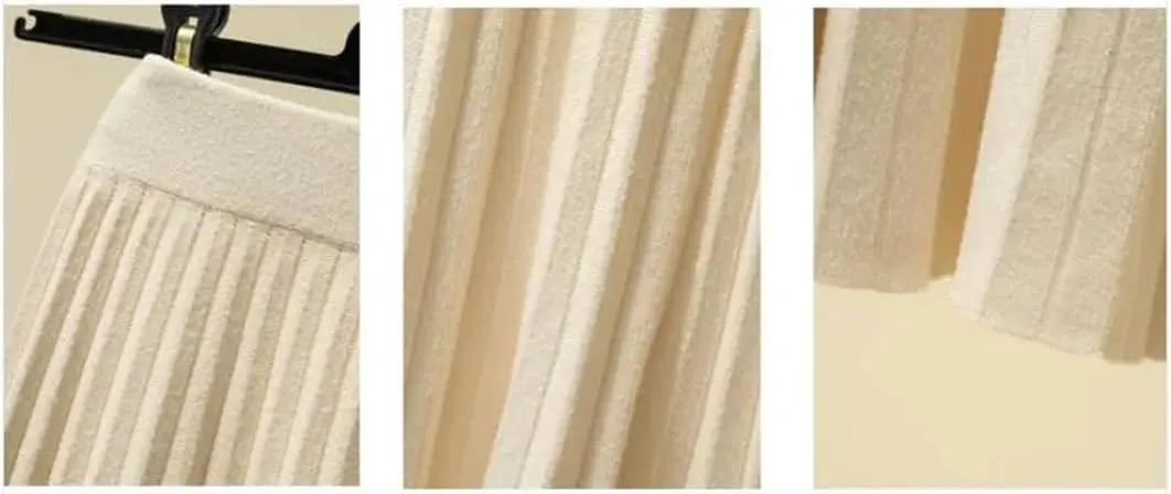 Women Midi Pleated Skirt Knitted Knee Length A-Line Skirt High Waist Solid Color Skirt