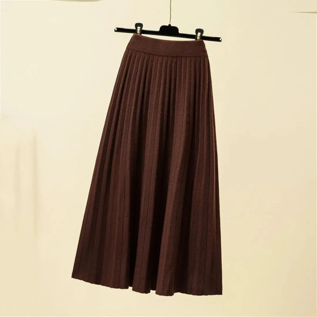 Women Midi Pleated Skirt Knitted Knee Length A-Line Skirt High Waist Solid Color Skirt
