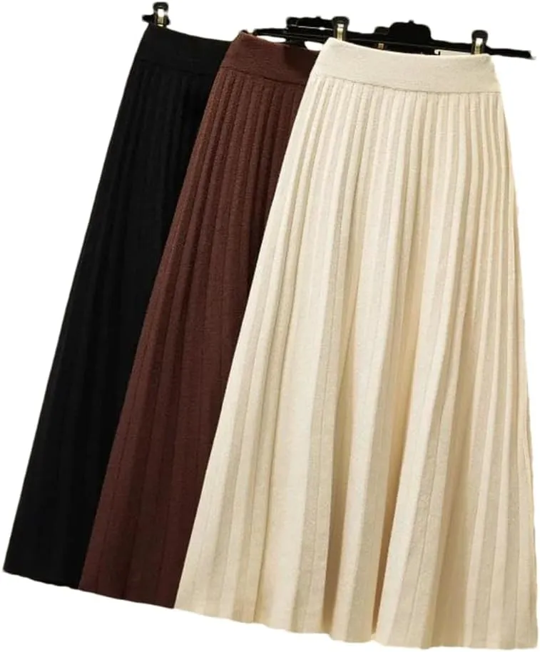 Women Midi Pleated Skirt Knitted Knee Length A-Line Skirt High Waist Solid Color Skirt