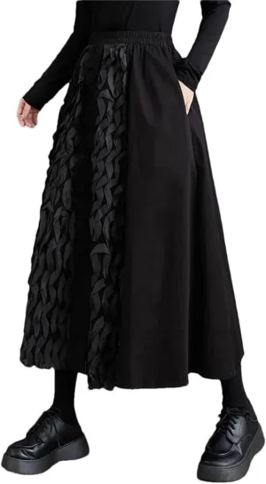 Women Oversized Patchwork Midi Skirt Elastic High Waist Skirts Loose Ruffle Pleated Casual Skirts