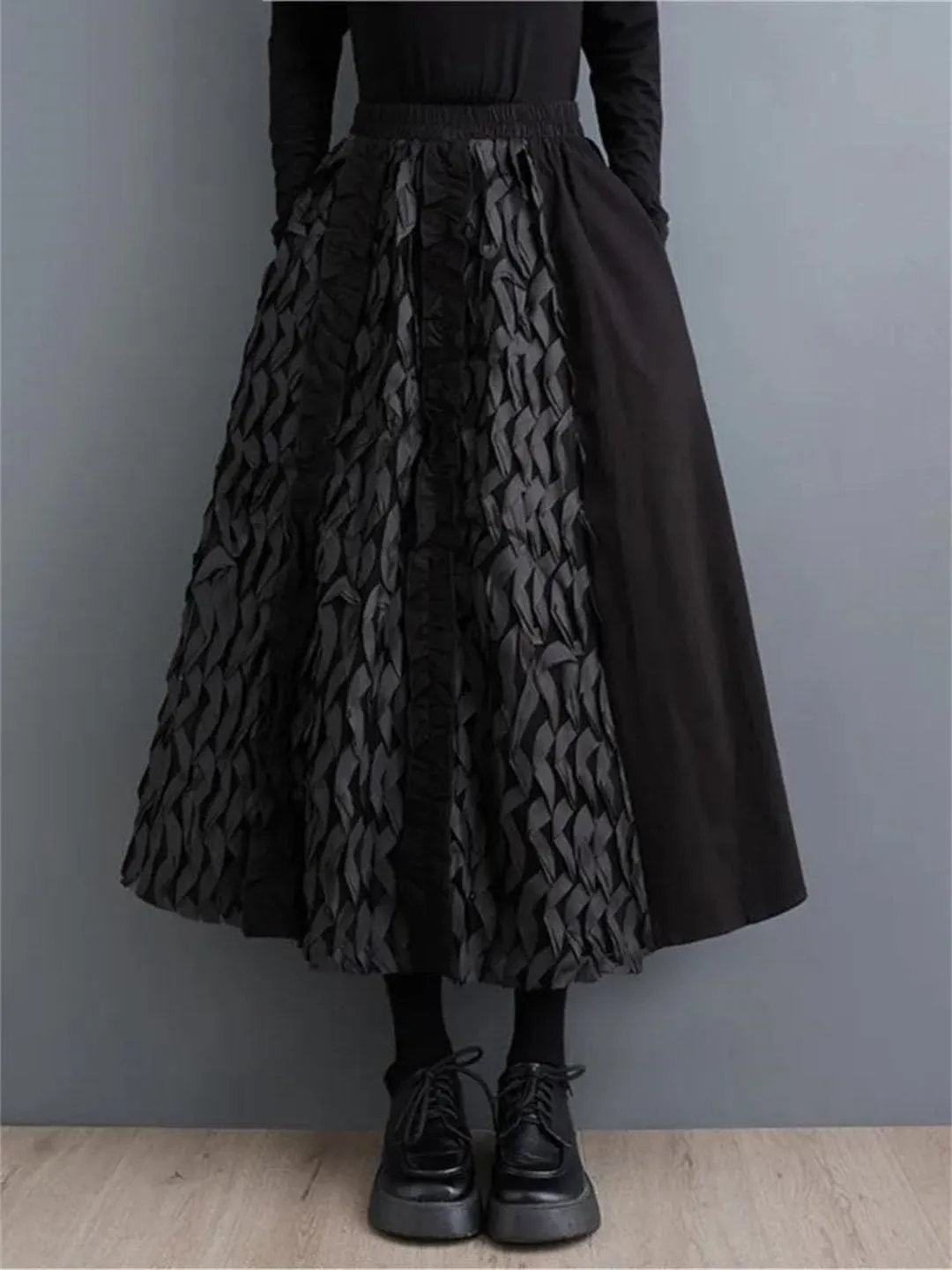Women Oversized Patchwork Midi Skirt Elastic High Waist Skirts Loose Ruffle Pleated Casual Skirts
