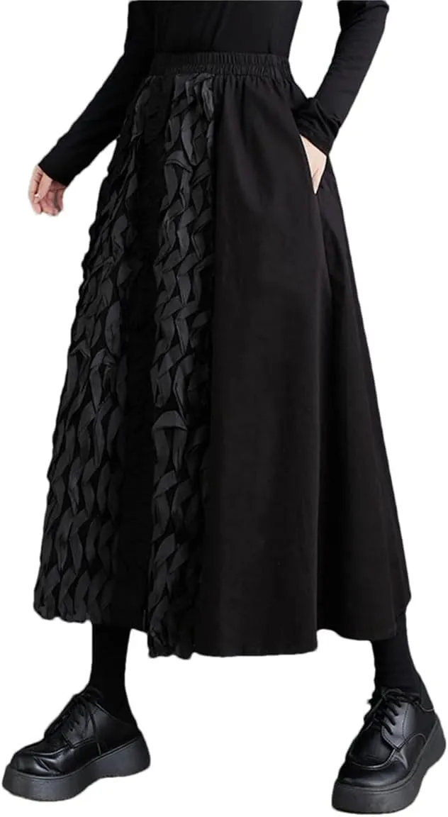 Women Oversized Patchwork Midi Skirt Elastic High Waist Skirts Loose Ruffle Pleated Casual Skirts