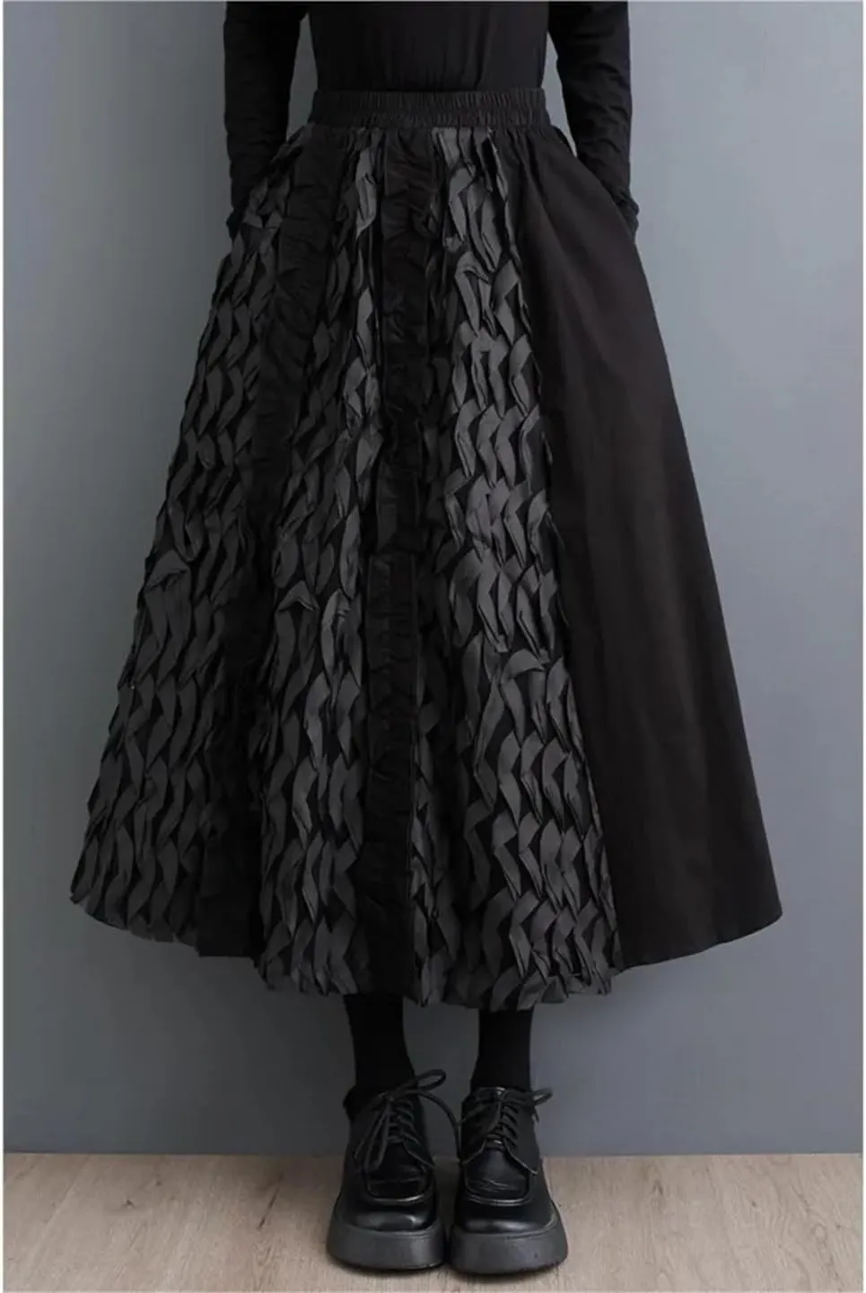 Women Oversized Patchwork Midi Skirt Elastic High Waist Skirts Loose Ruffle Pleated Casual Skirts