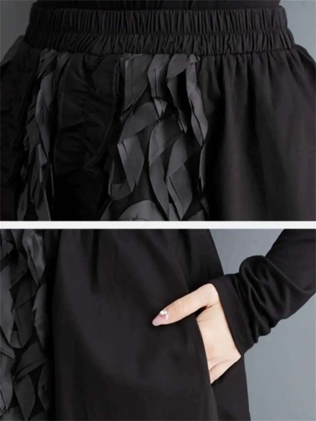 Women Oversized Patchwork Midi Skirt Elastic High Waist Skirts Loose Ruffle Pleated Casual Skirts