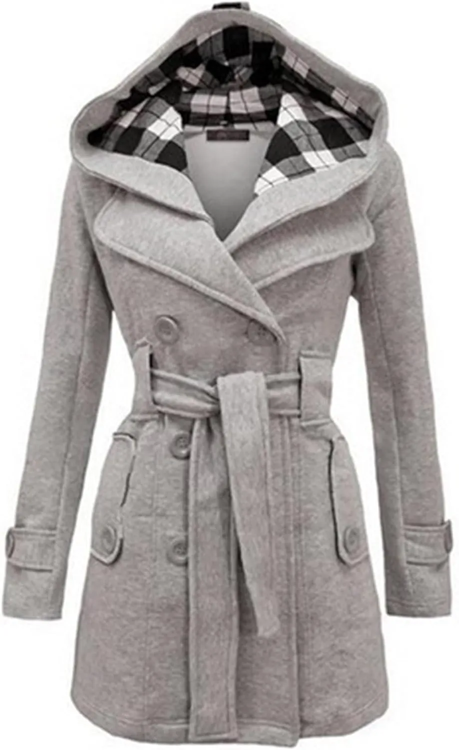 Women Plaid Hooded Mid-Long Coat Double Breasted Jacket Casual Faux Fur Collar Wool Trench Pea Coat Outwear with Belt