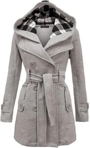 Women Plaid Hooded Mid-Long Coat Double Breasted Jacket Casual Faux Fur Collar Wool Trench Pea Coat Outwear with Belt