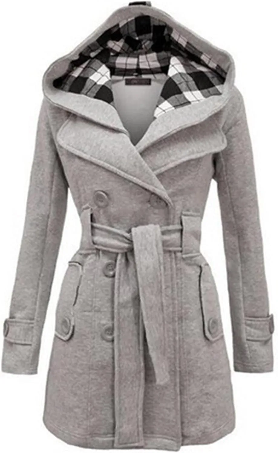 Women Plaid Hooded Mid-Long Coat Double Breasted Jacket Casual Faux Fur Collar Wool Trench Pea Coat Outwear with Belt