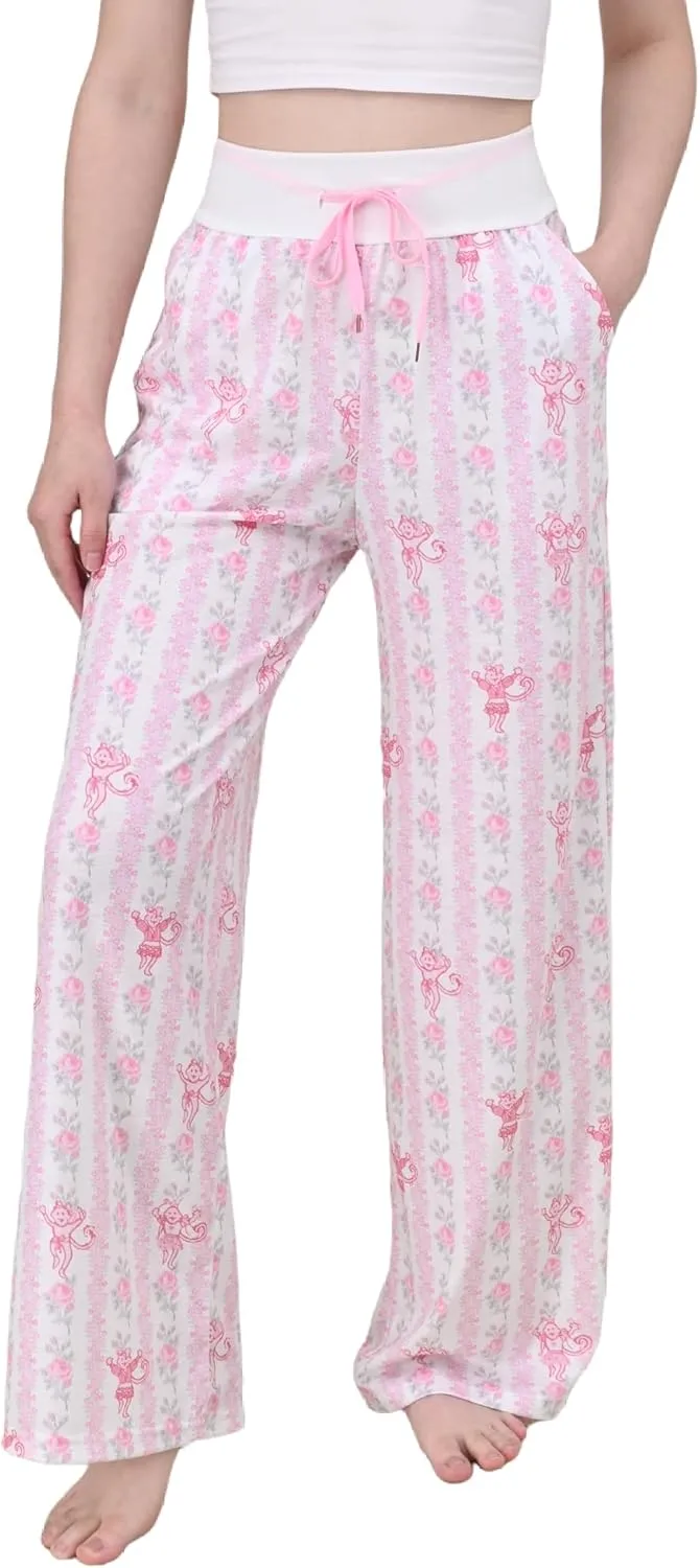 Women Preppy Pajamas Pant, Comfy Drawstring High Waist Monkey Lounge Pants Wide Leg Y2K Pjs Bottoms(Hoilday Pink, Large)