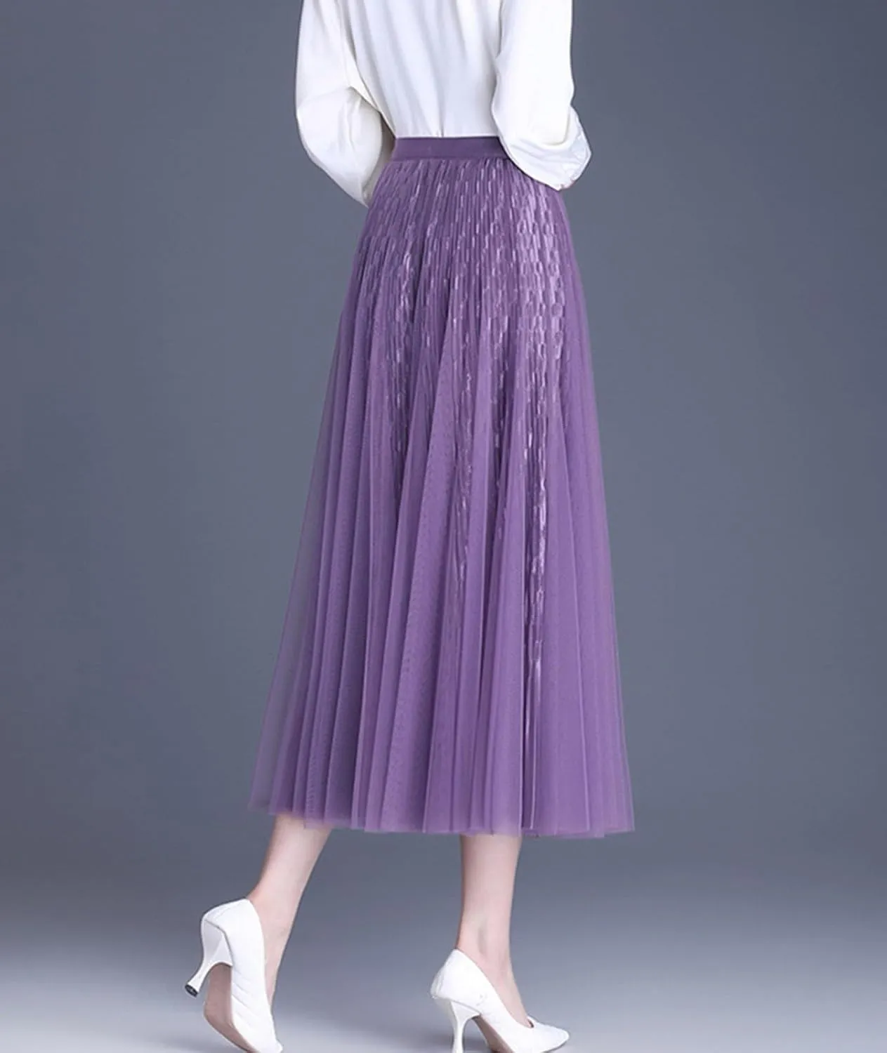 Women Reversible Tulle Long Skirt Trendy High Elastic Waist A Line Flowy Pleated Mesh Midi Skirt