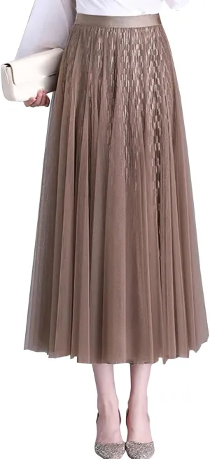 Women Reversible Tulle Long Skirt Trendy High Elastic Waist A Line Flowy Pleated Mesh Midi Skirt