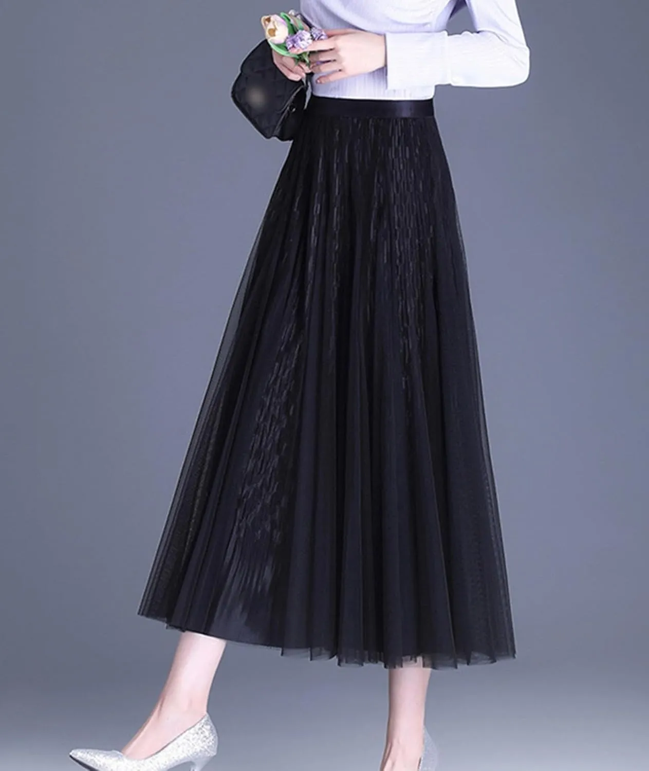 Women Reversible Tulle Long Skirt Trendy High Elastic Waist A Line Flowy Pleated Mesh Midi Skirt