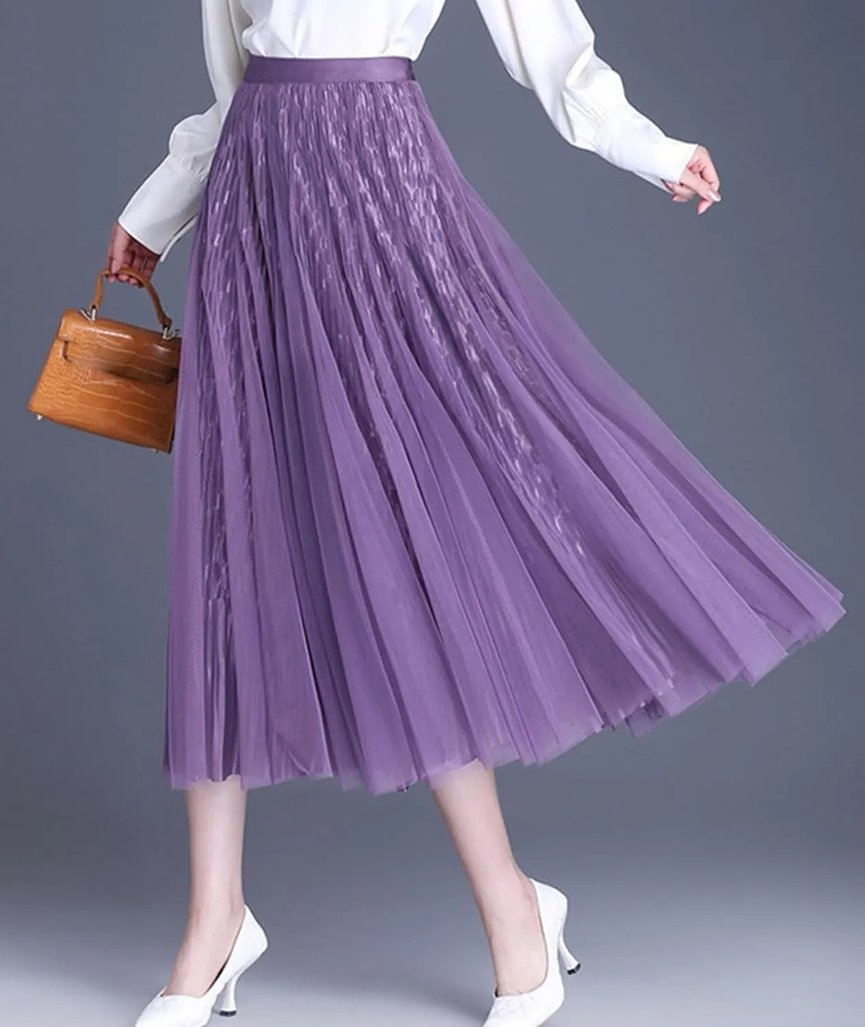 Women Reversible Tulle Long Skirt Trendy High Elastic Waist A Line Flowy Pleated Mesh Midi Skirt