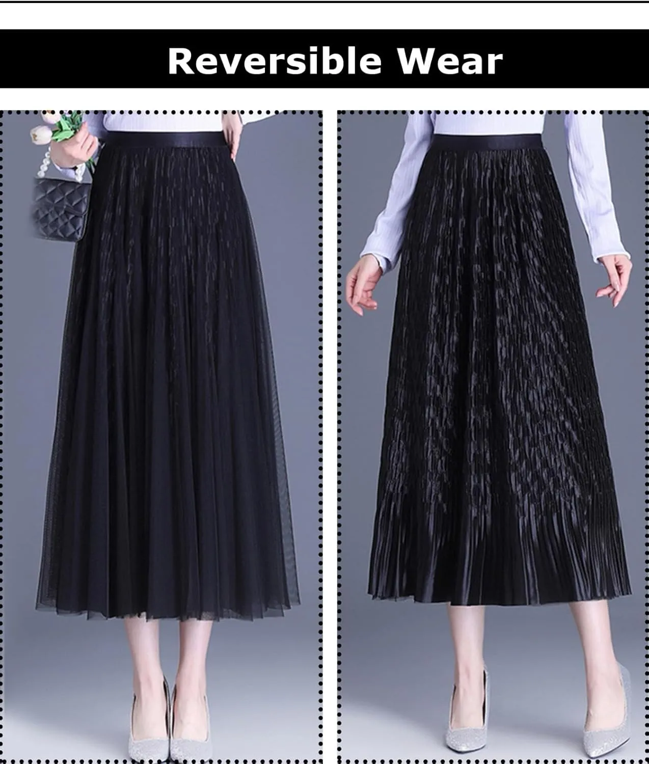 Women Reversible Tulle Long Skirt Trendy High Elastic Waist A Line Flowy Pleated Mesh Midi Skirt