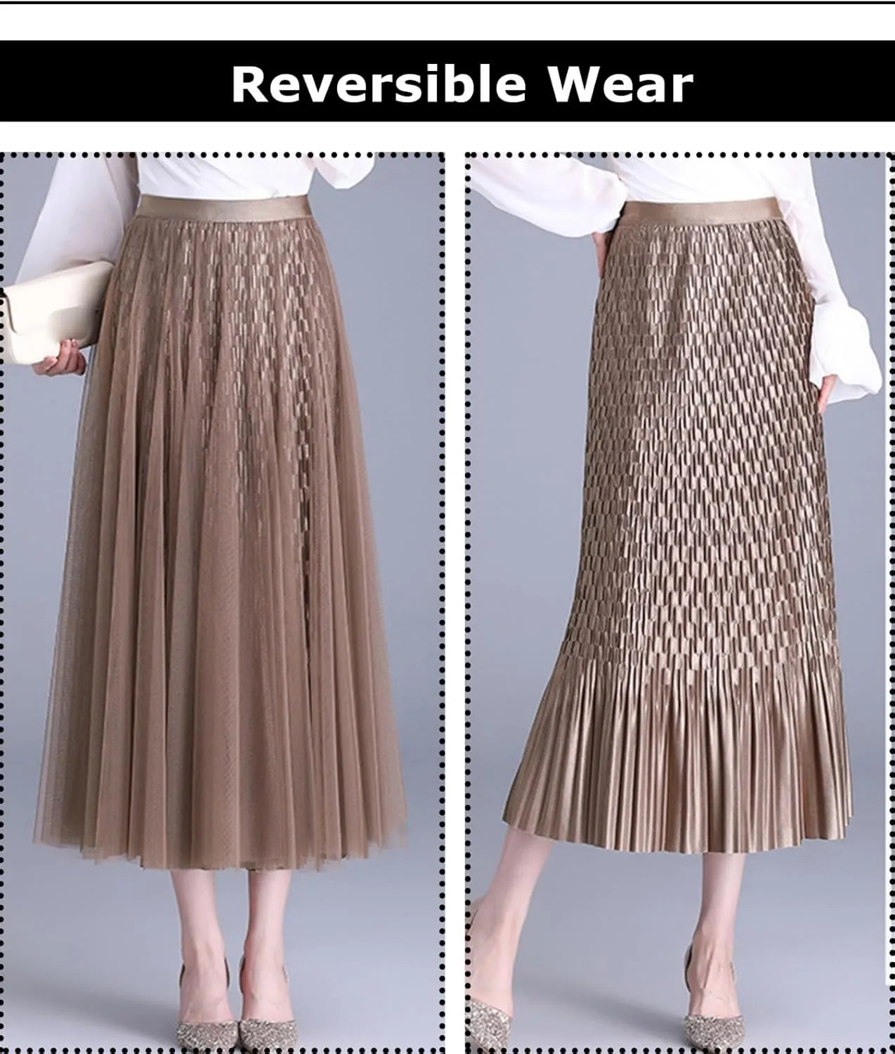 Women Reversible Tulle Long Skirt Trendy High Elastic Waist A Line Flowy Pleated Mesh Midi Skirt