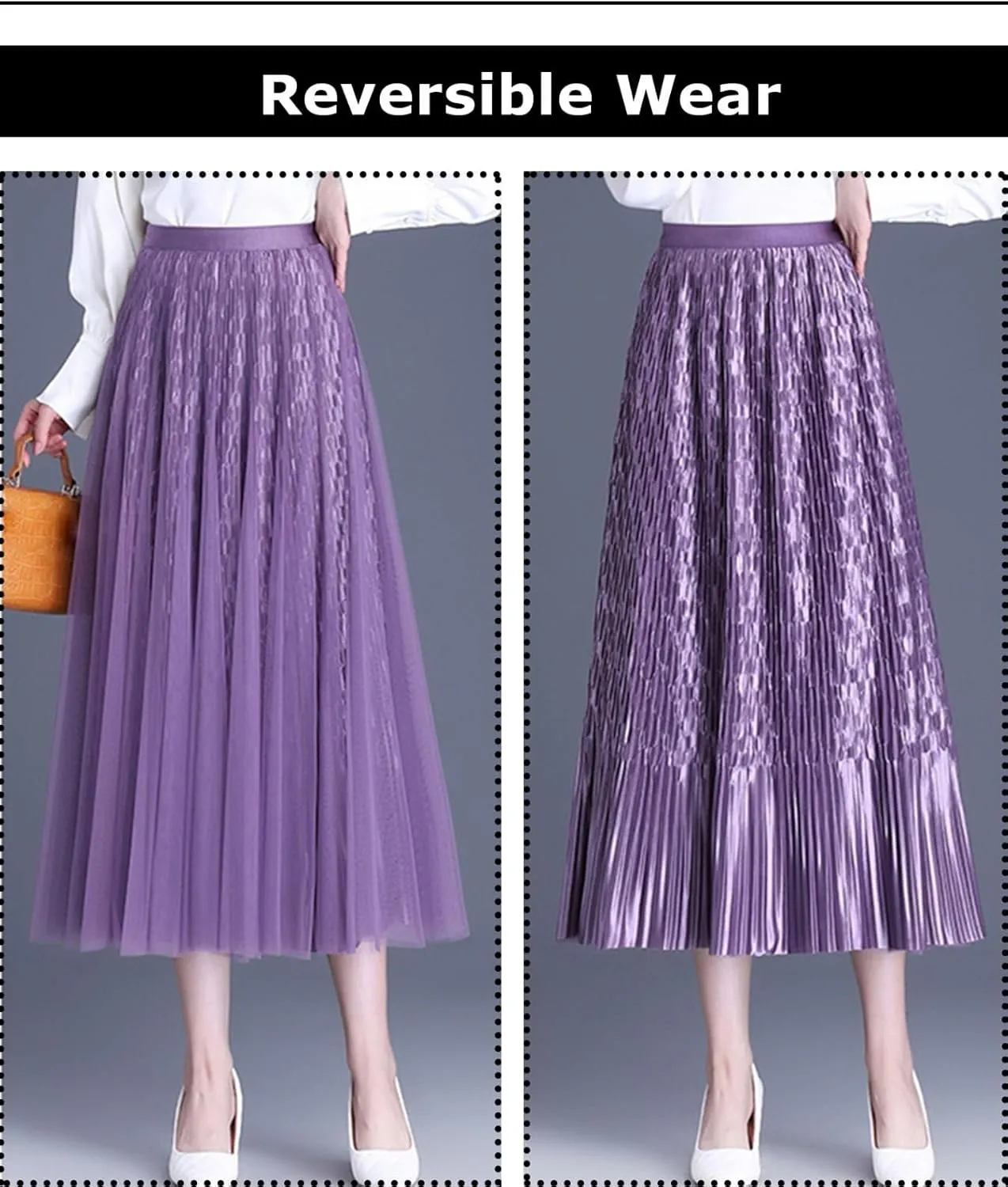 Women Reversible Tulle Long Skirt Trendy High Elastic Waist A Line Flowy Pleated Mesh Midi Skirt