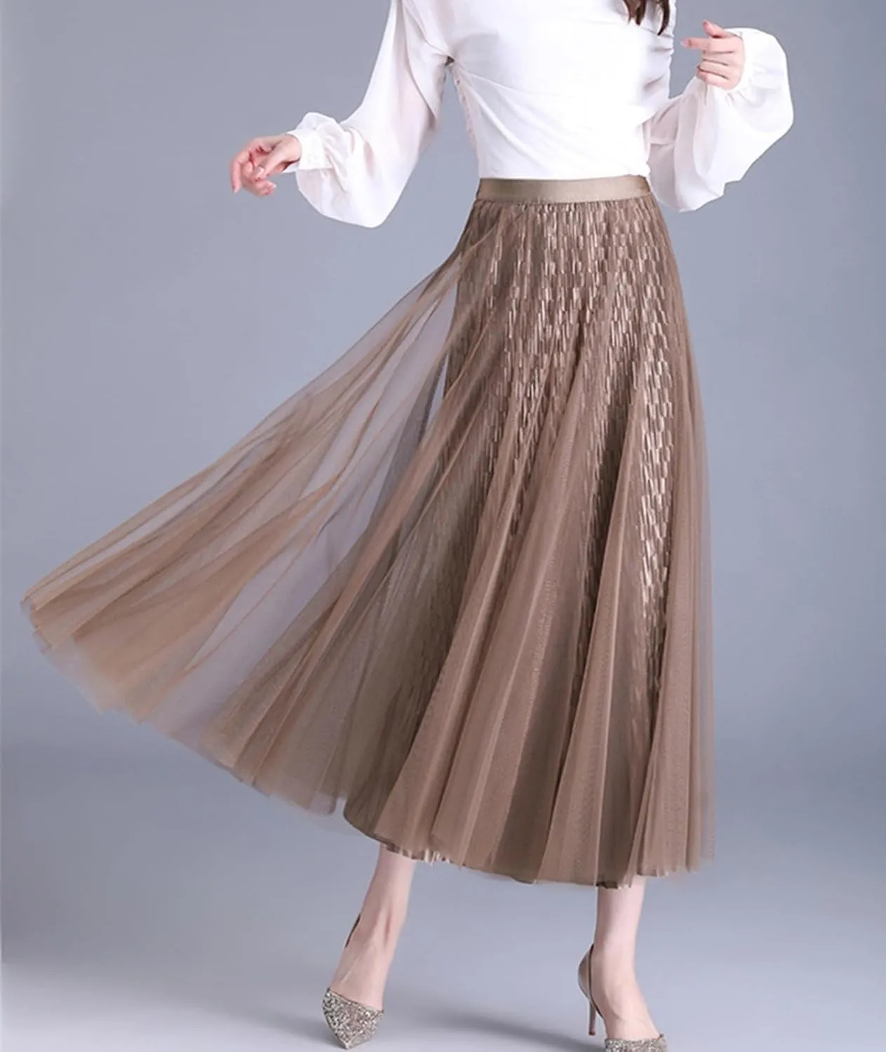 Women Reversible Tulle Long Skirt Trendy High Elastic Waist A Line Flowy Pleated Mesh Midi Skirt
