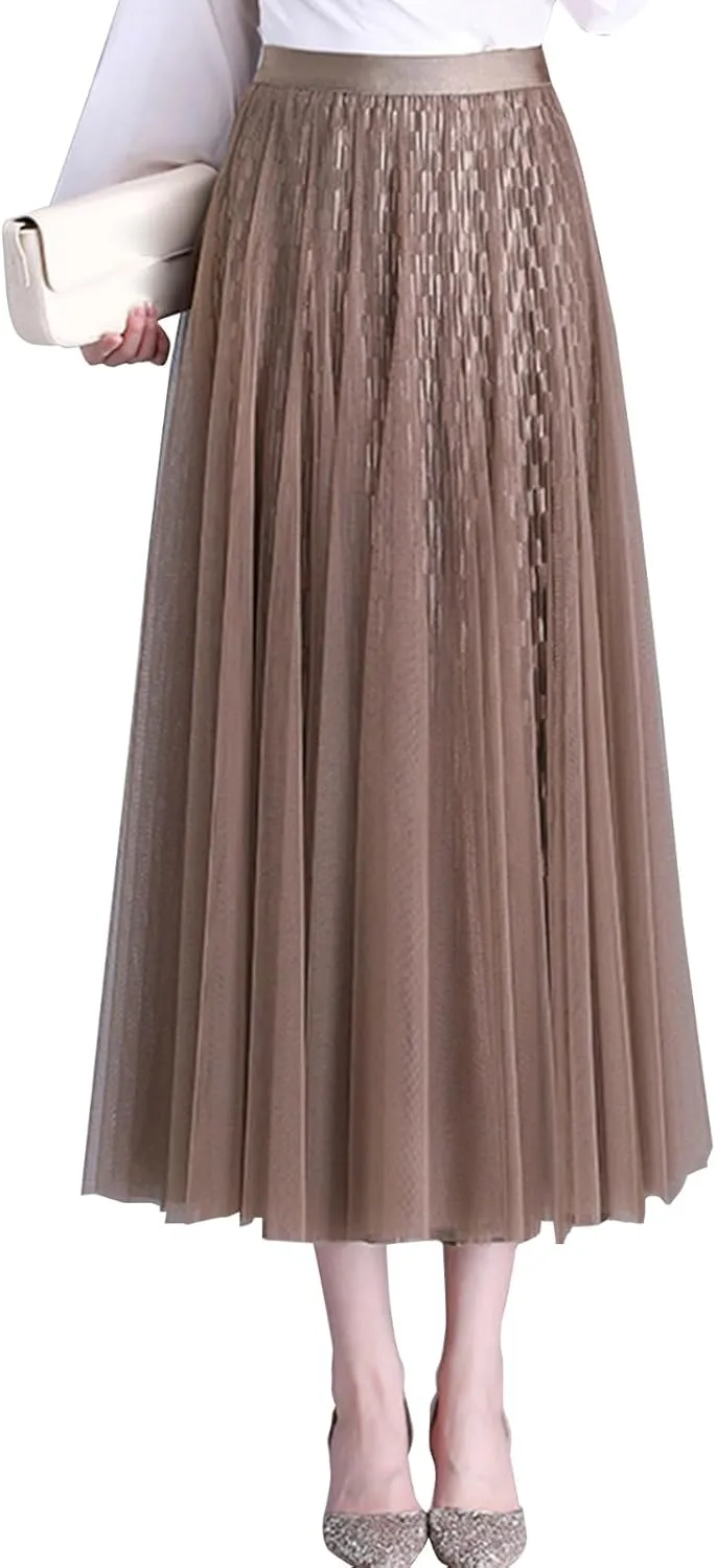 Women Reversible Tulle Long Skirt Trendy High Elastic Waist A Line Flowy Pleated Mesh Midi Skirt