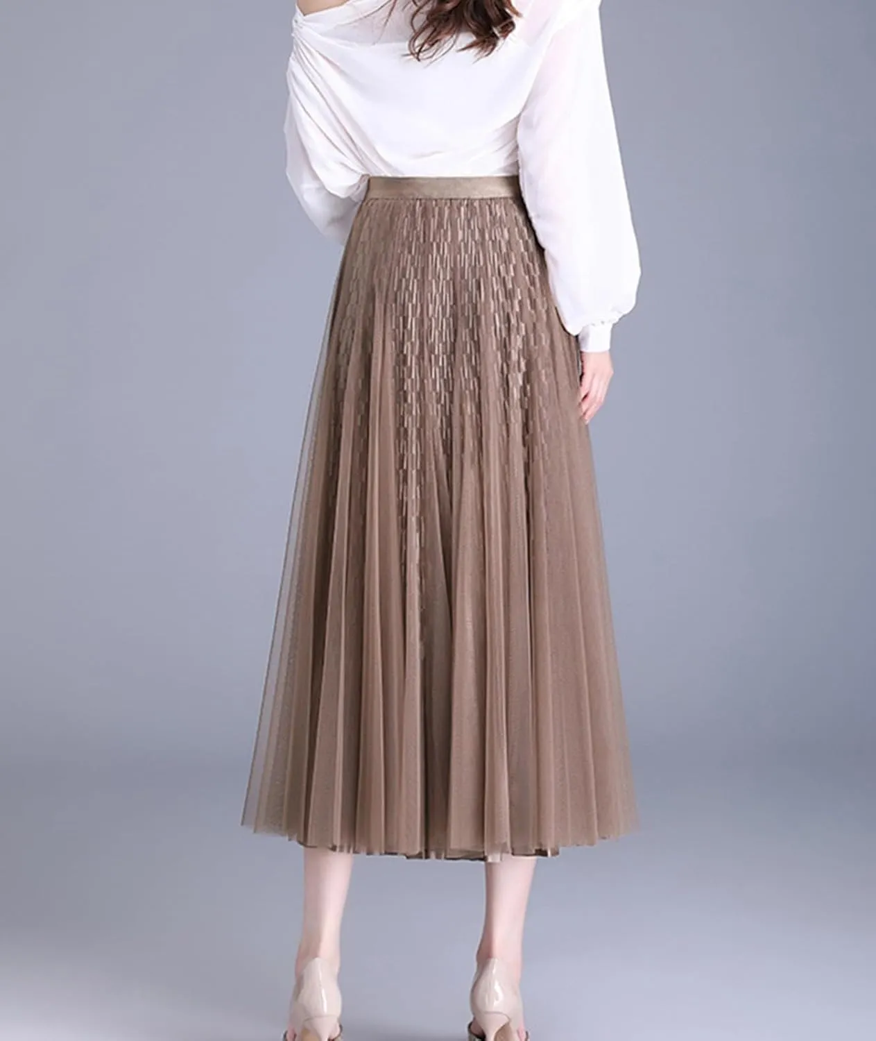 Women Reversible Tulle Long Skirt Trendy High Elastic Waist A Line Flowy Pleated Mesh Midi Skirt