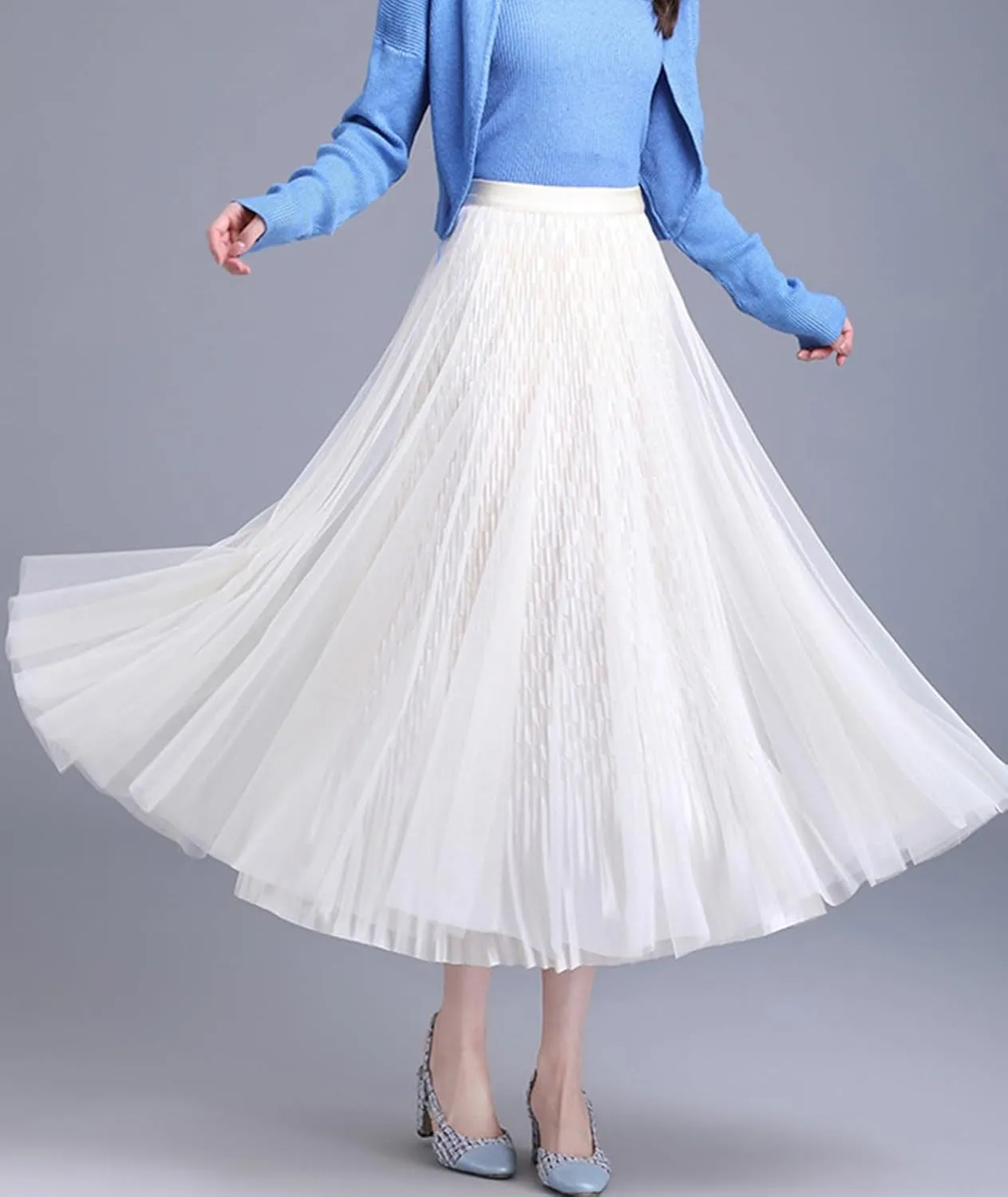 Women Reversible Tulle Long Skirt Trendy High Elastic Waist A Line Flowy Pleated Mesh Midi Skirt
